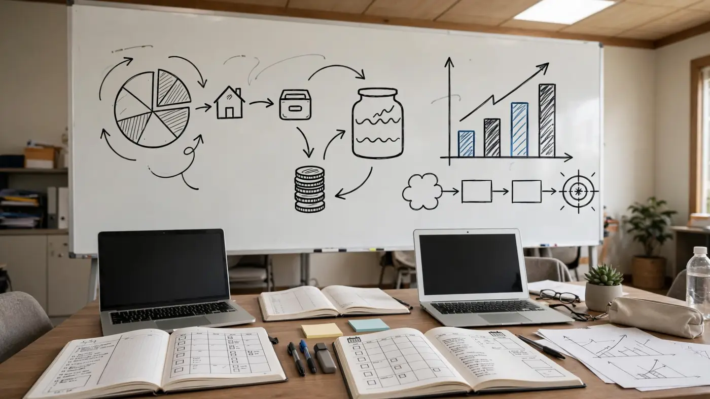 Pizarra blanca en una sala de formación con diagramas de presupuesto y ahorro dibujados a mano