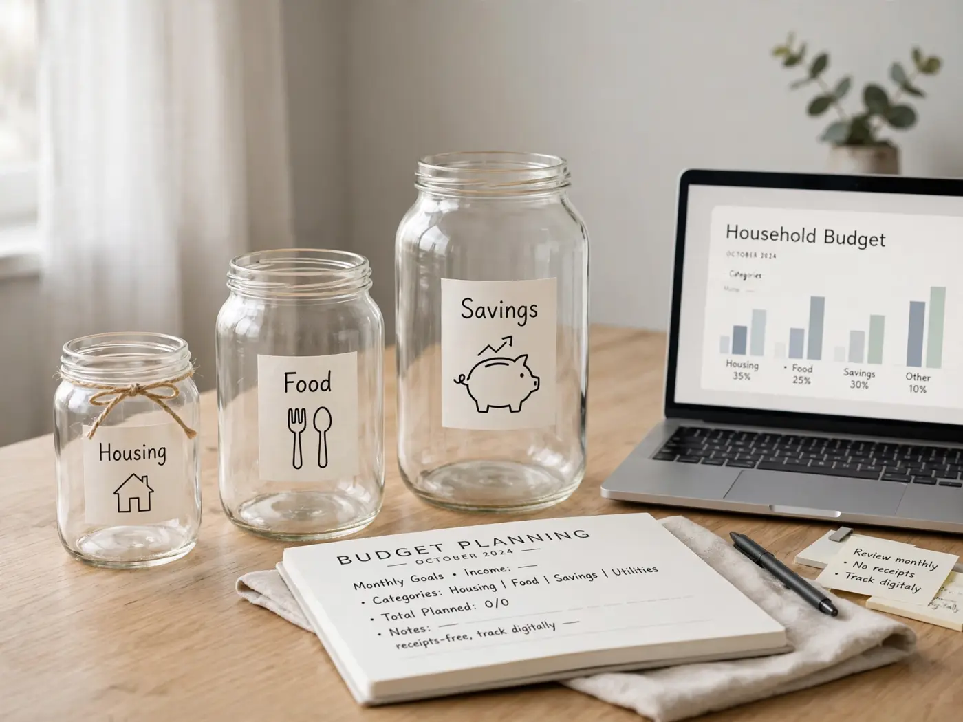 Concepto de planificación del ahorro: tarros de distintos tamaños etiquetados con iconos
