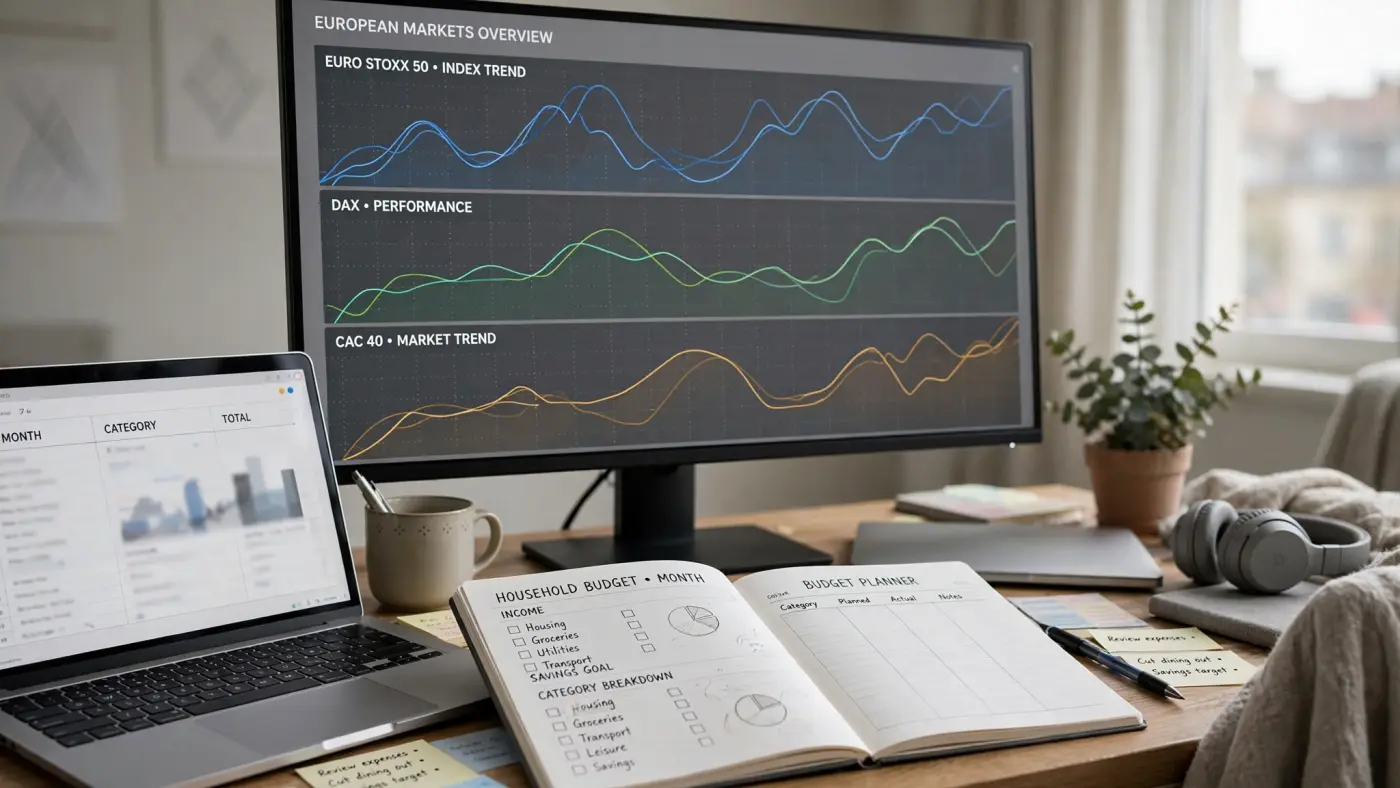 Gráficos de mercados financieros europeos en un monitor grande con curvas de índices abstractas