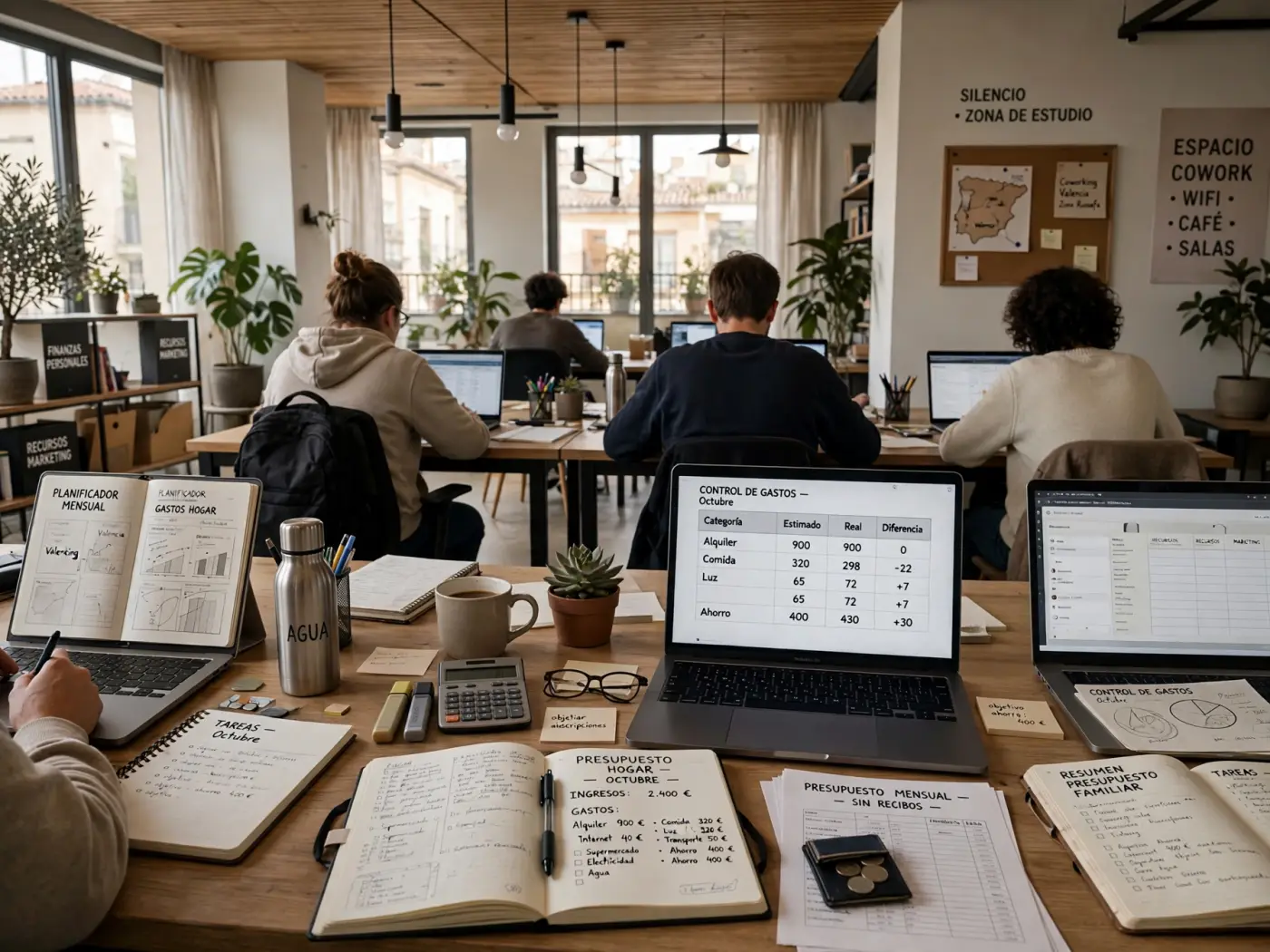 Espacio de coworking diáfano en España con personas estudiando en ordenadores portátiles